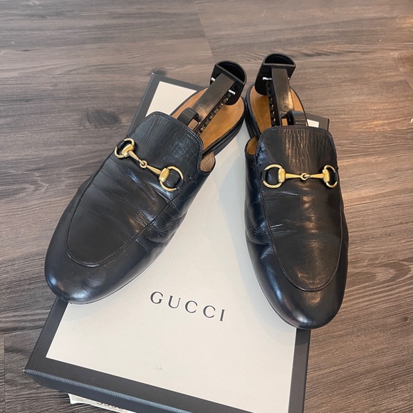 Authentic GUCCI PRINCETOWN LEATHER SLIPPER slides mules black gold 38.5 loafers - Picture 13 of 16